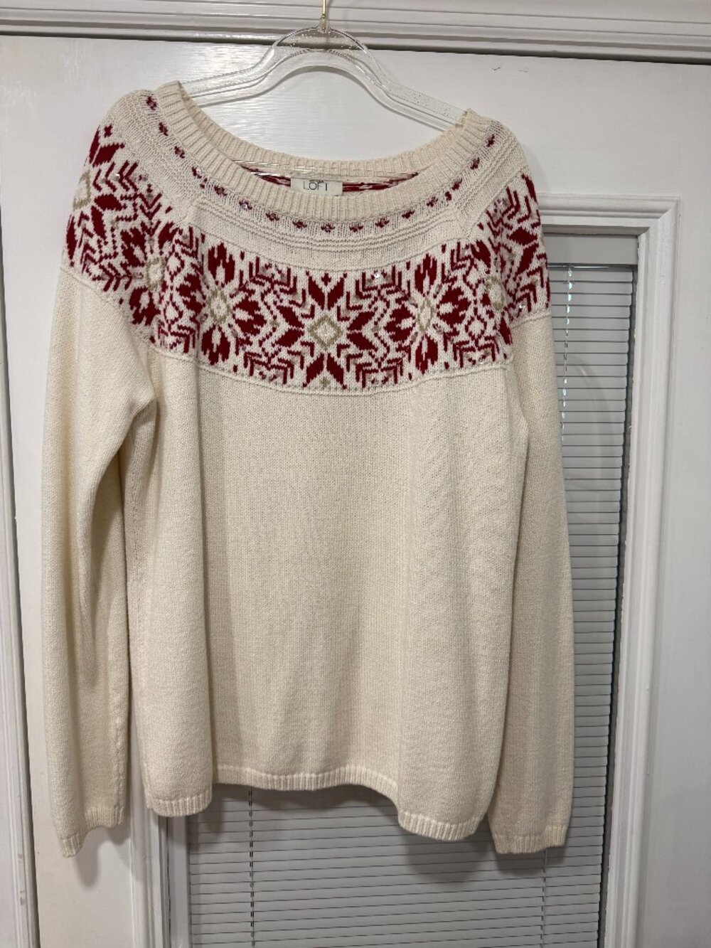LOFT Fair Isle Snowflake Sequin Holiday Sweater Ivory Red Large